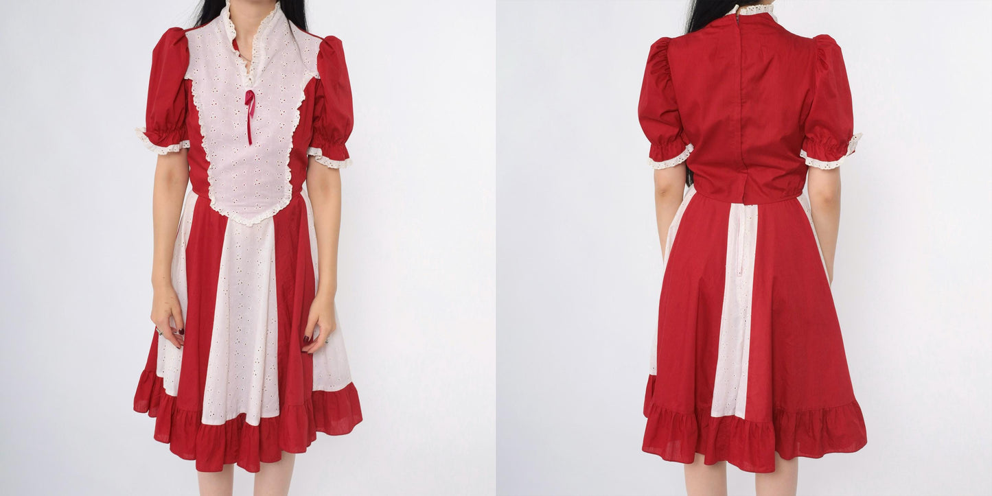 70s Burgundy Eyelet Lace Prairie Dress Puff Sleeve Midi High Waist Small