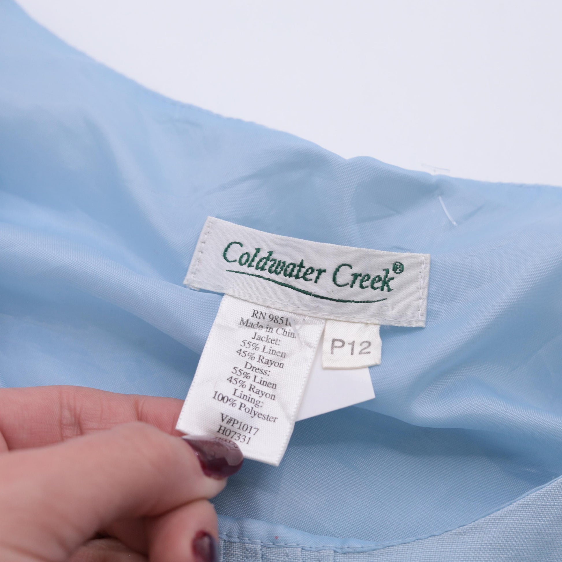 Y2K Coldwater Creek Powder Blue Linen Shift Dress Pintuck Ribbon Trim Petite 12