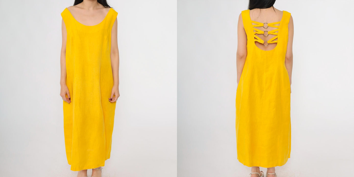 90s Navora Yellow Linen Maxi Dress Cutout Back O-Ring Straps Large L