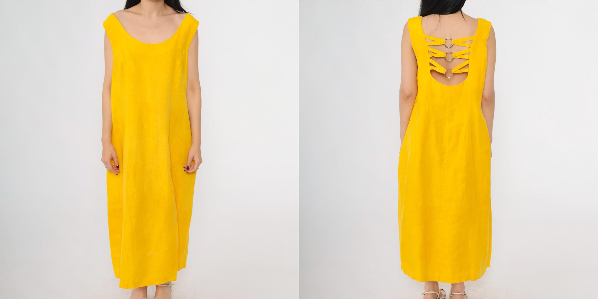 90s Navora Yellow Linen Maxi Dress Cutout Back O-Ring Straps Large L