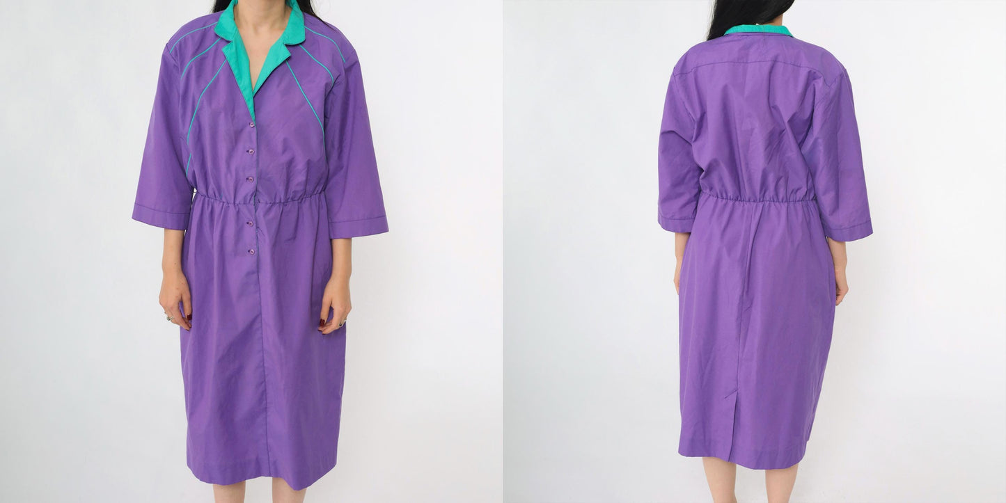 80s Purple Shirtdress Turquoise Collar Midi Button-Up High Waist Medium