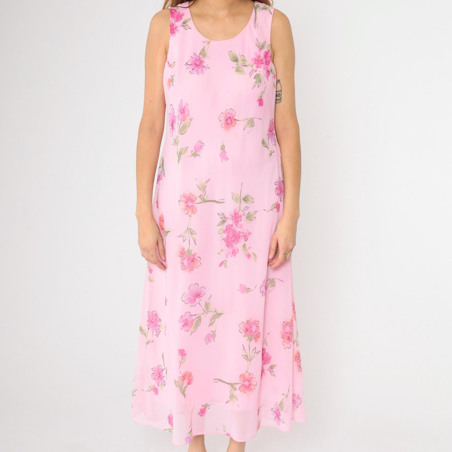 90s Pink Floral Maxi Dress Sleeveless Scoop Neck Chiffon Overlay Large 12