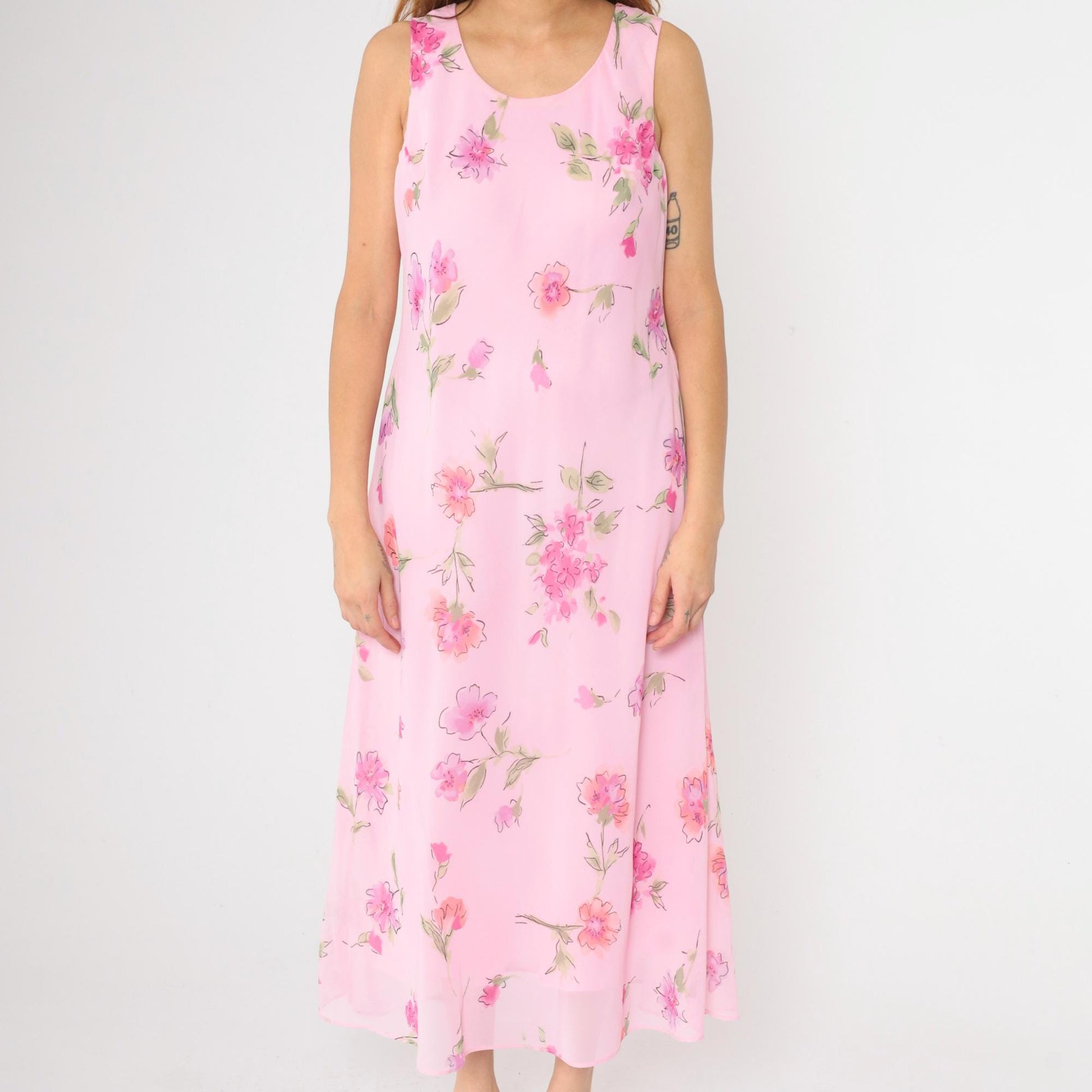 90s Pink Floral Maxi Dress Sleeveless Scoop Neck Chiffon Overlay Large 12