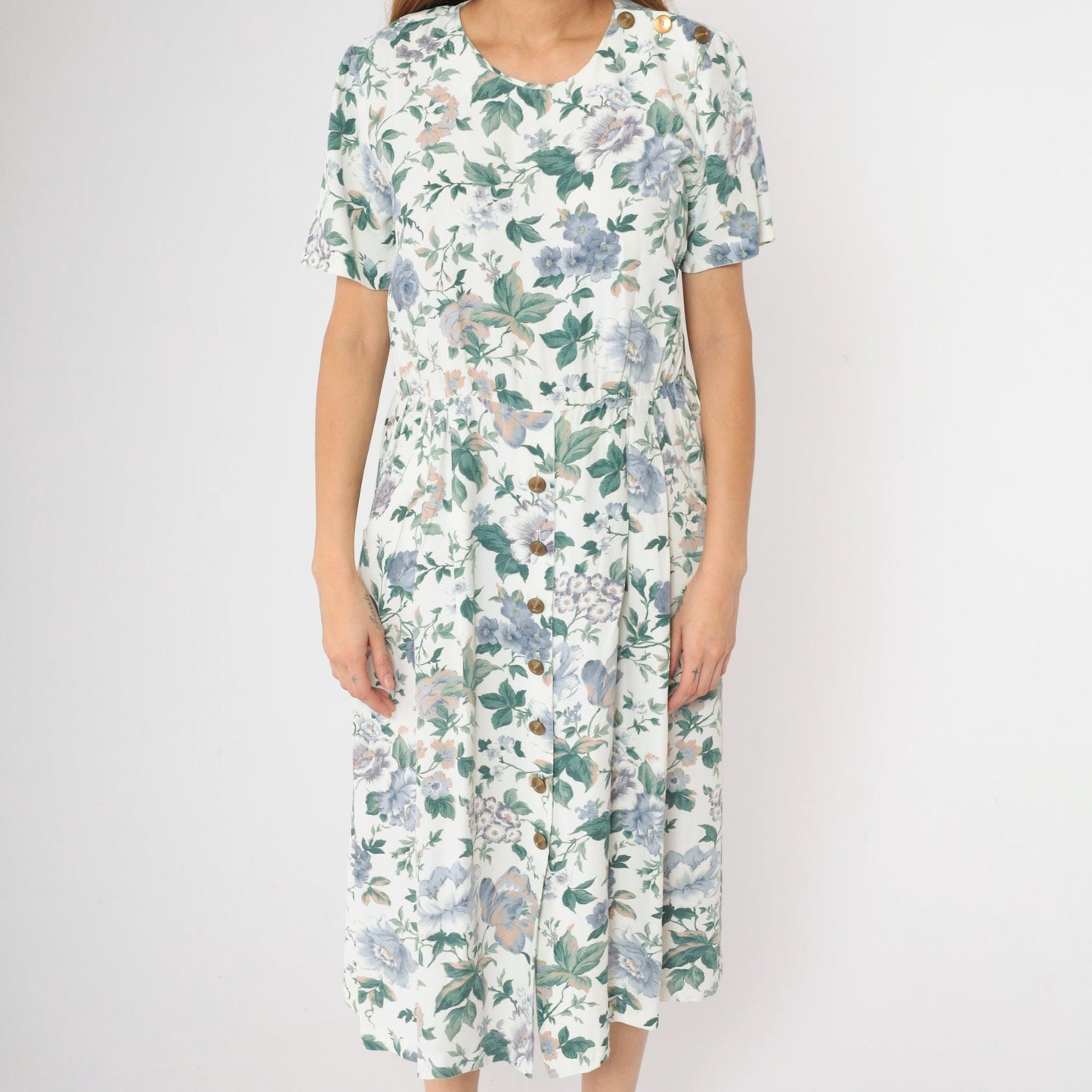 90s Floral Button Midi Dress White Blue Green Print Short Sleeve Medium M