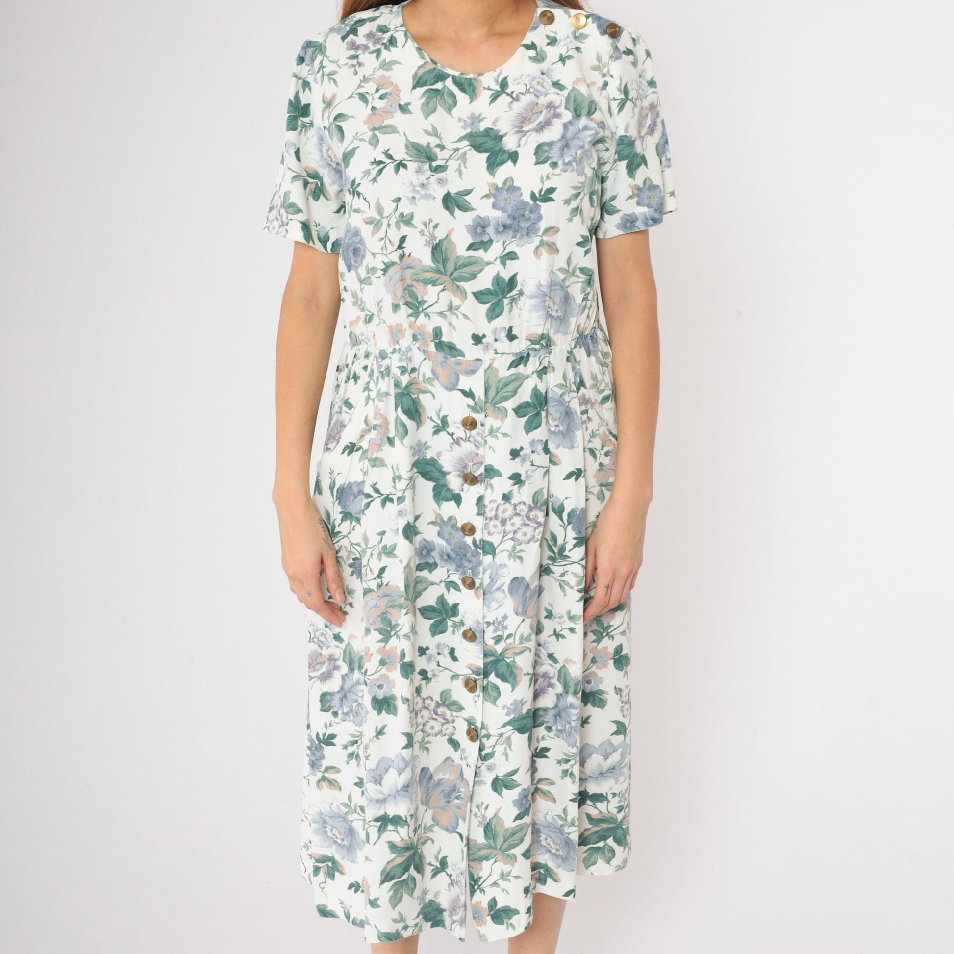 90s Floral Button Midi Dress White Blue Green Print Short Sleeve Medium M
