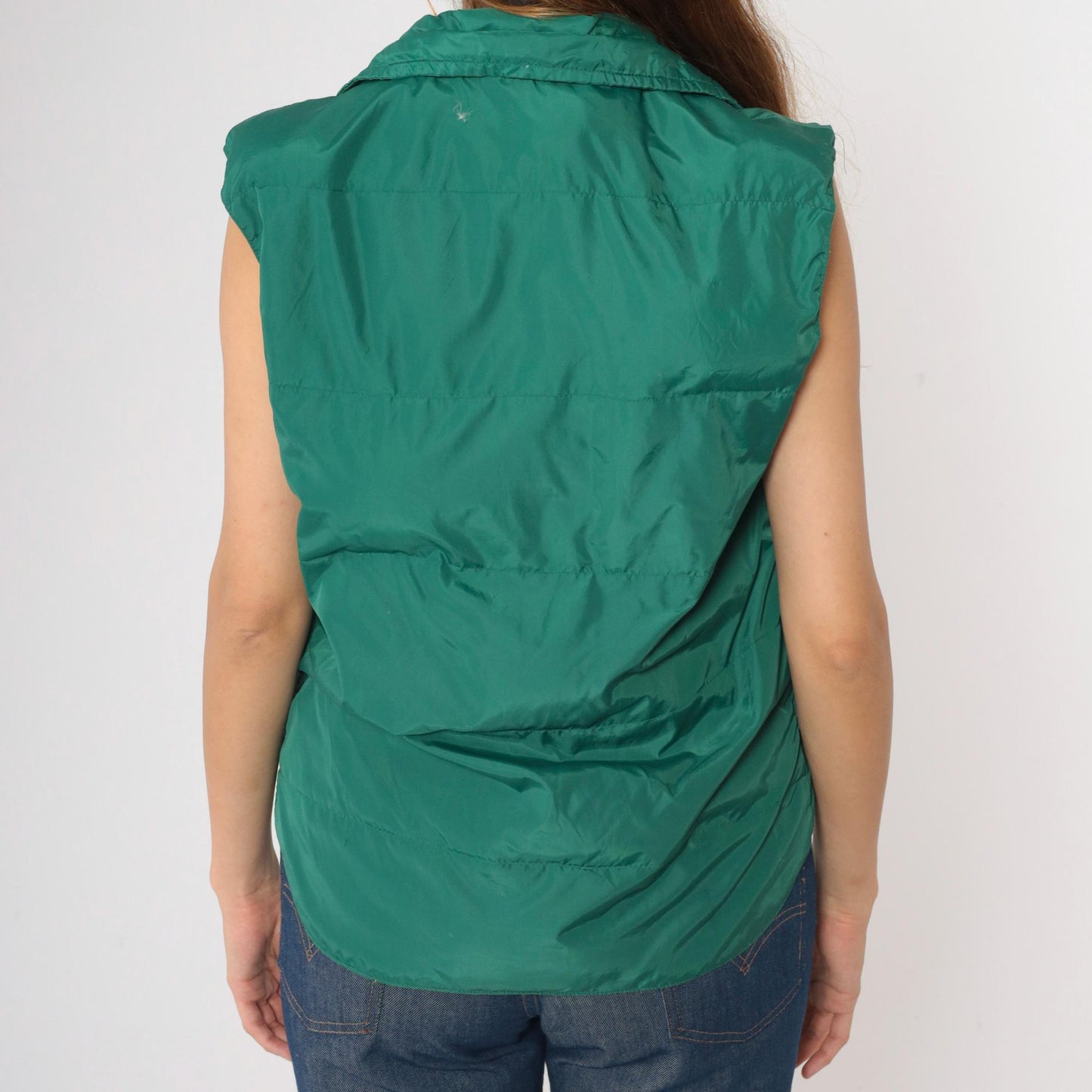 80s Green Puffer Vest Zip-Up Sleeveless Jacket Small S