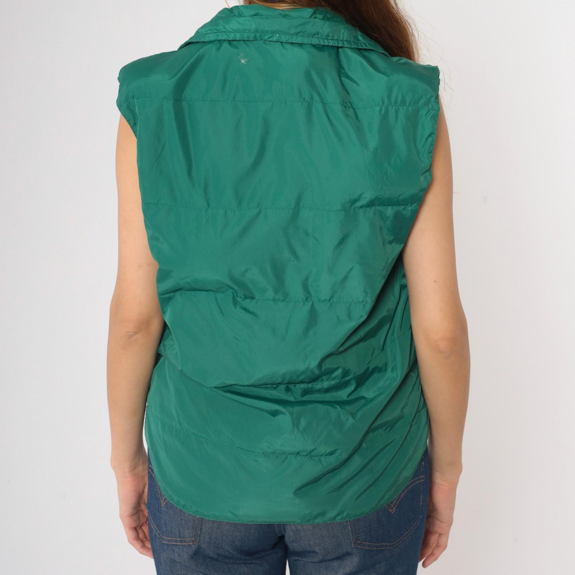 80s Green Puffer Vest Zip-Up Sleeveless Jacket Small S