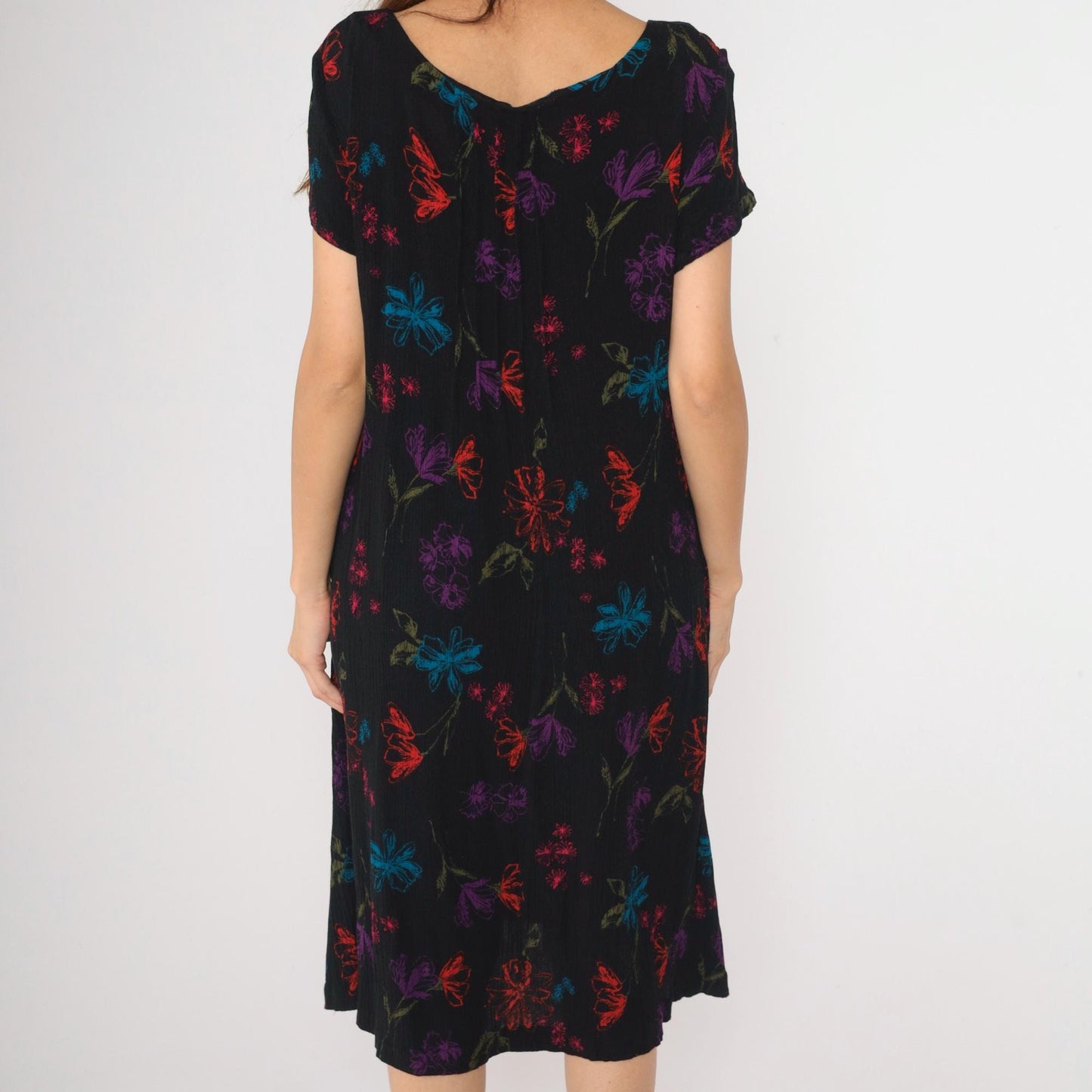 90s Black Floral Rayon Midi Dress Pintucked Scoop Neck Short Sleeve Medium Large
