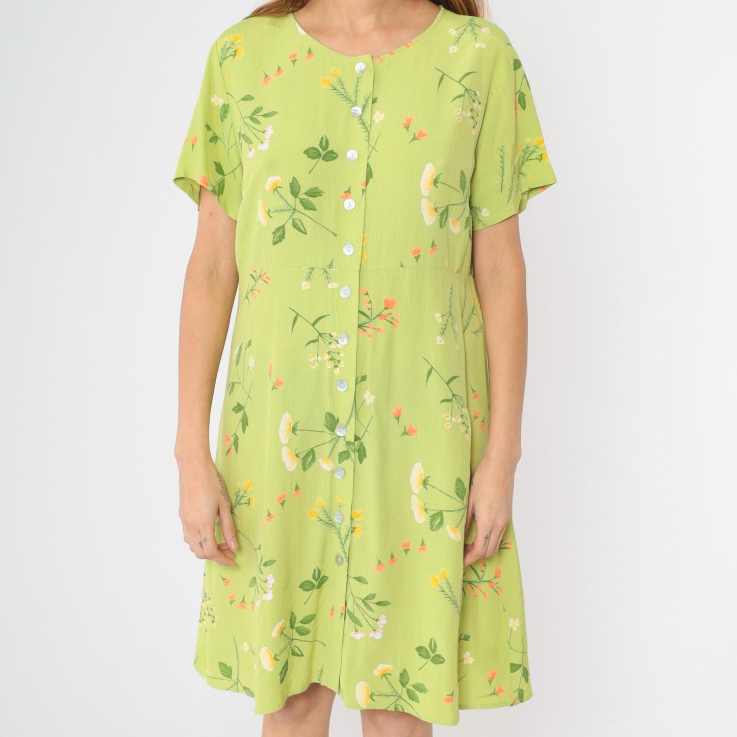 90s Lime Green Floral Rayon Dress High Waist Button Front Knee Length Large