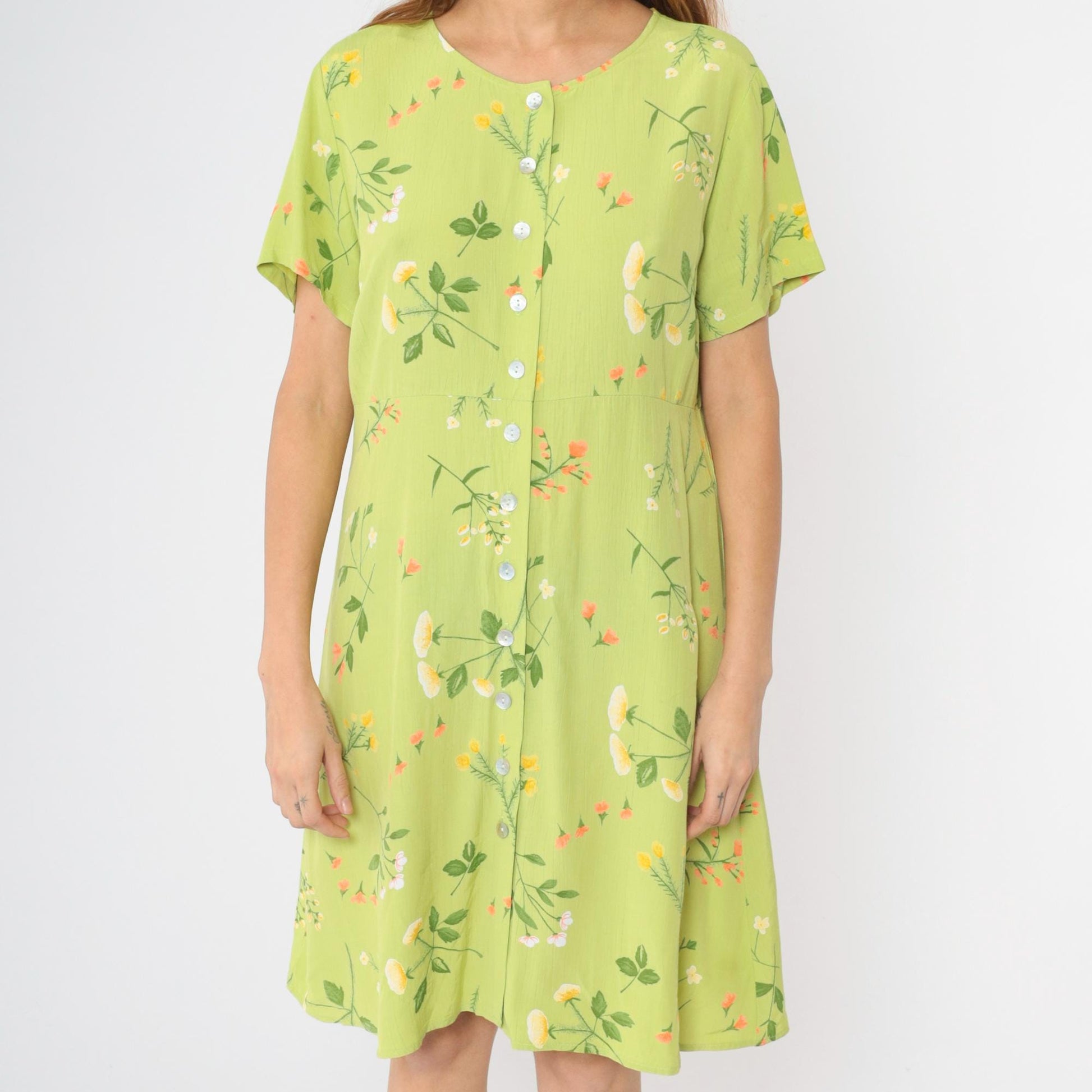 90s Lime Green Floral Rayon Dress High Waist Button Front Knee Length Large