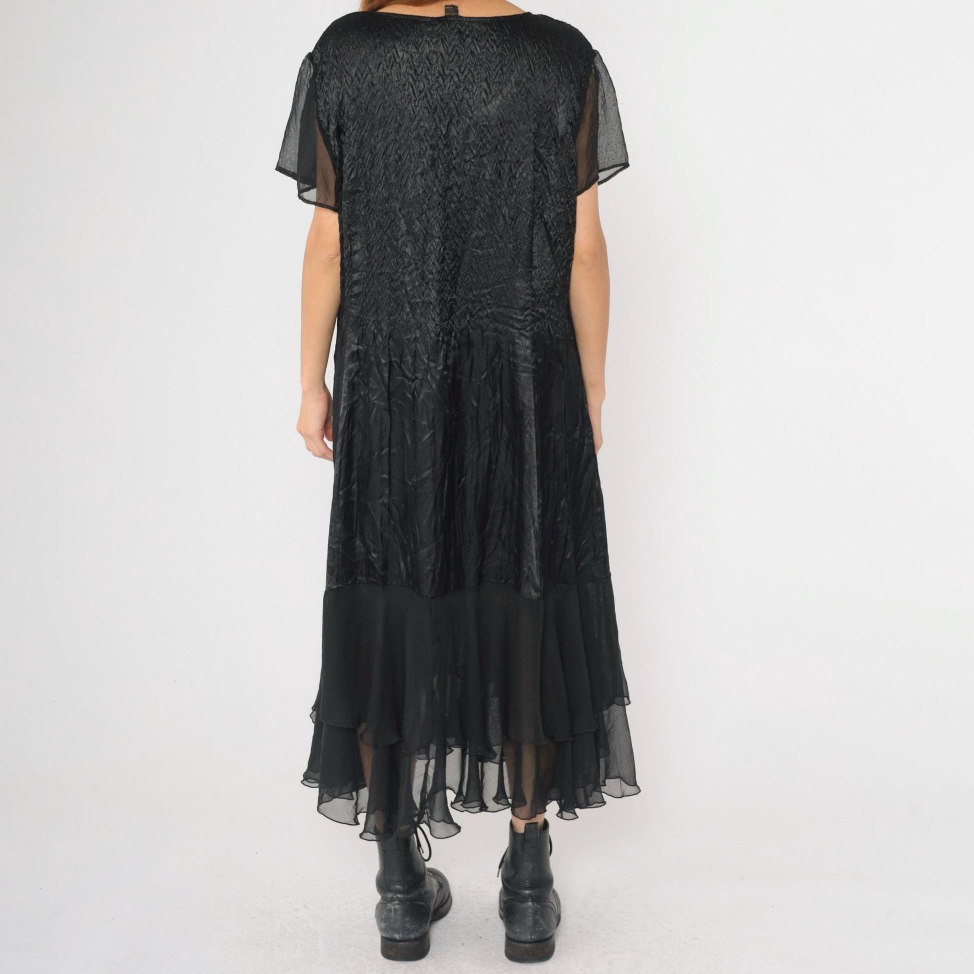 90s Black Satin Tiered Chiffon Midi Dress Flutter Sleeve Scoop Neck Large
