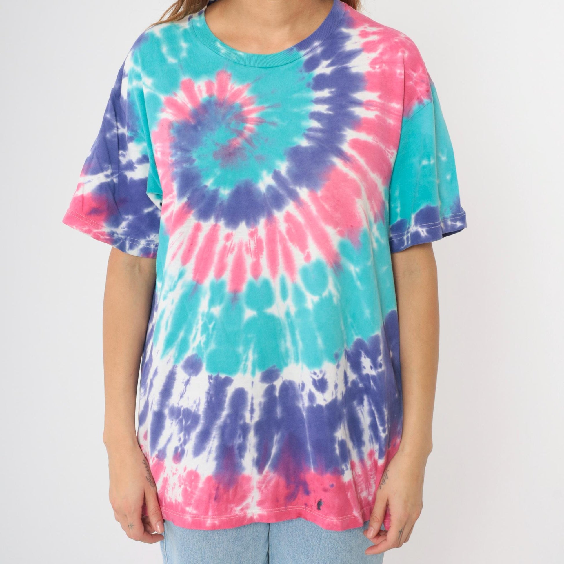 90s Tie Dye Swirl T-Shirt Pink Purple Turquoise Distressed Cotton Crewneck Large