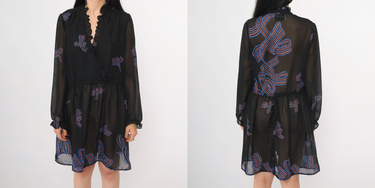 70s Diane Von Furstenberg Black Sheer Mini Dress Ribbon Bow Ruffle Neck Medium