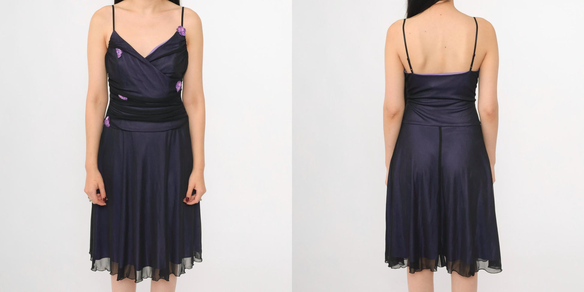 Y2K Purple Mesh Midi Dress Black Floral Applique Spaghetti Strap V Neck Medium