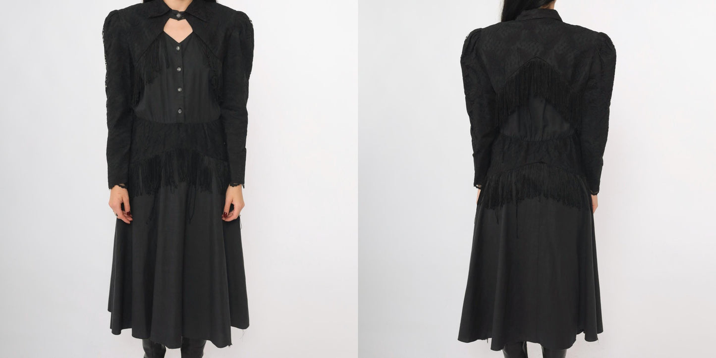 80s Lilia Smitty Western Midi Dress Black Fringe Cotton Puff Sleeve Small