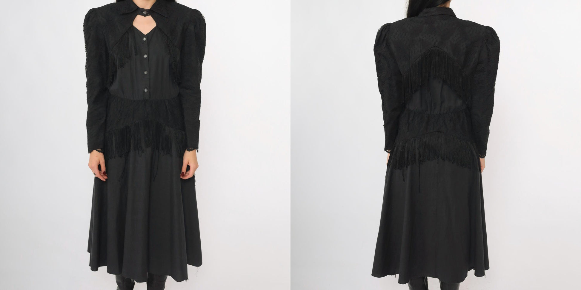 80s Lilia Smitty Western Midi Dress Black Fringe Cotton Puff Sleeve Small