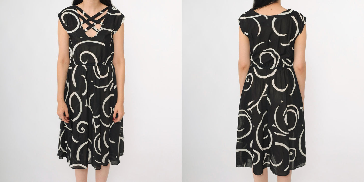 80s Black White Abstract Swirl Print Midi Dress Criss-Cross Neckline Cap Sleeve Small