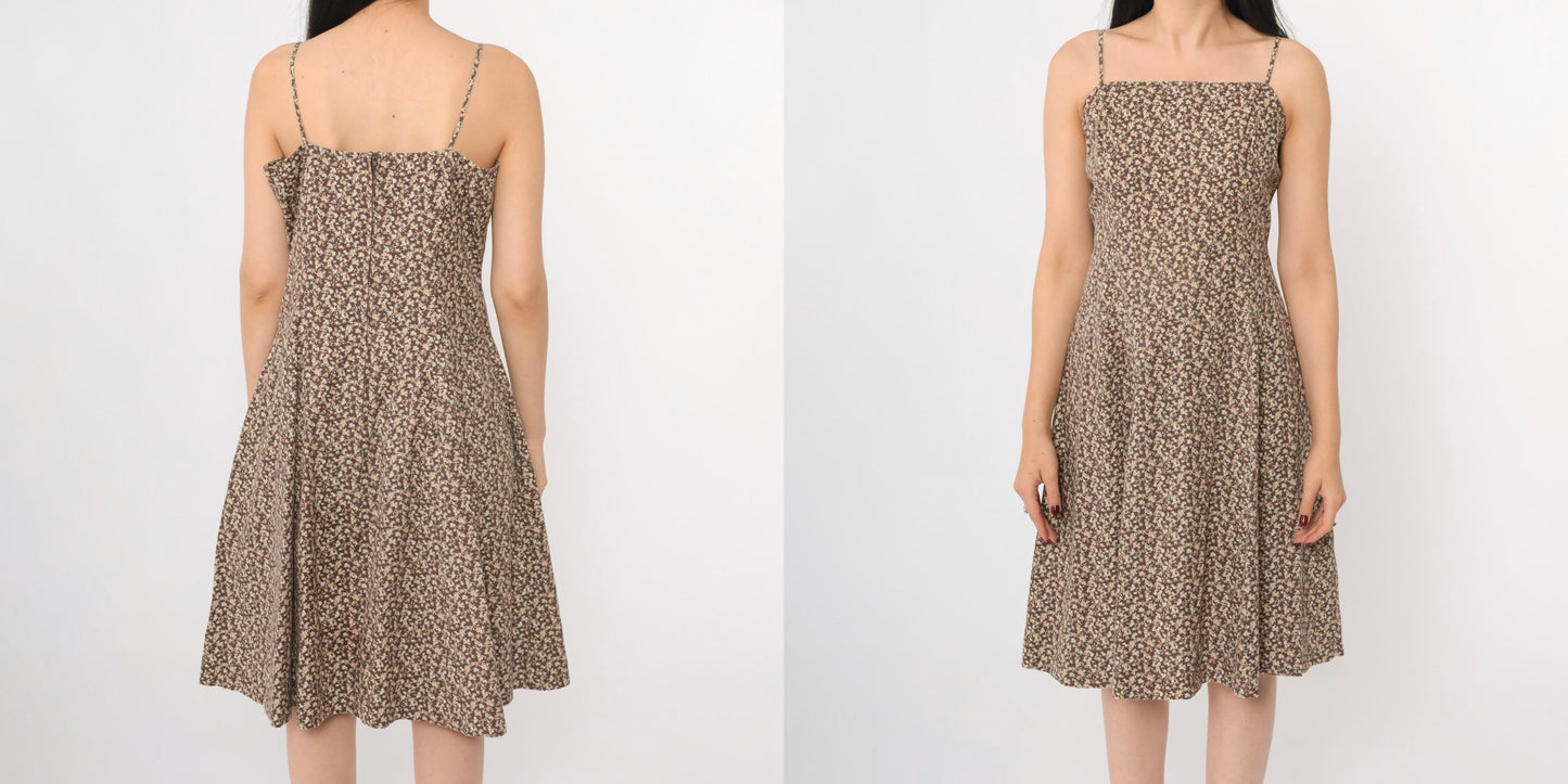 90s Brown Calico Floral A-Line Spaghetti Strap Dress Knee Length Medium