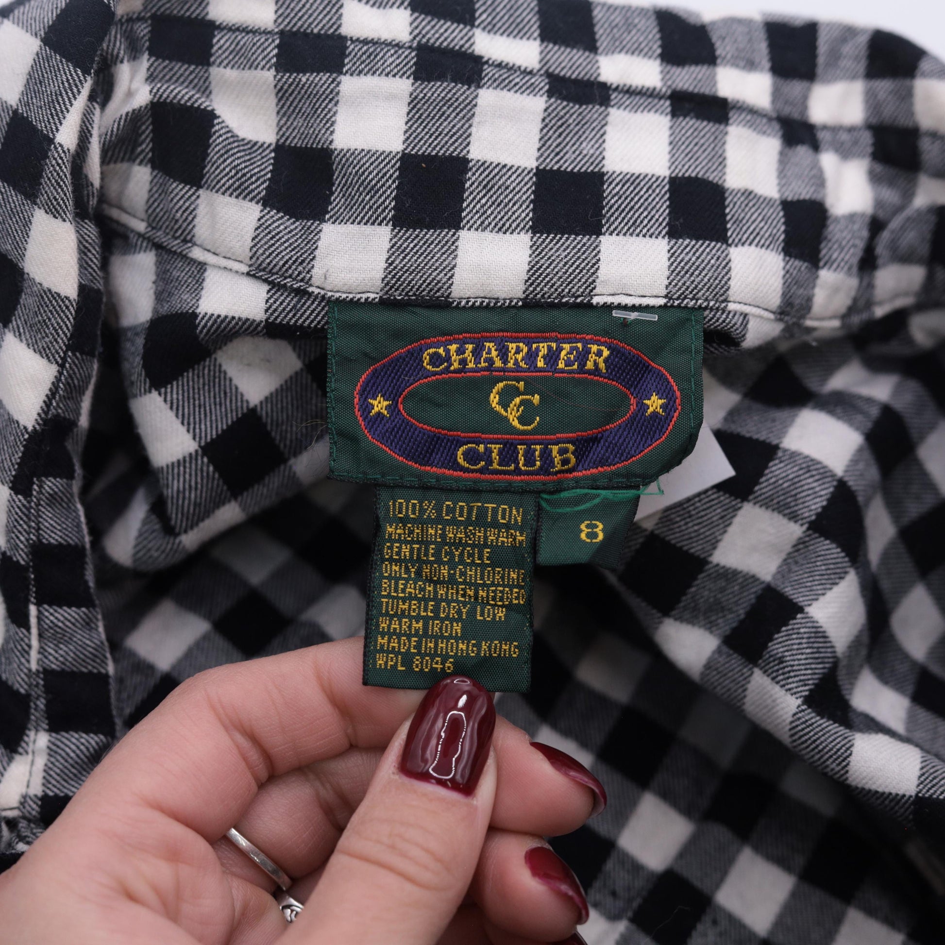 80s Charter Club Gingham Shirt Dress Black White Midi Cotton Small