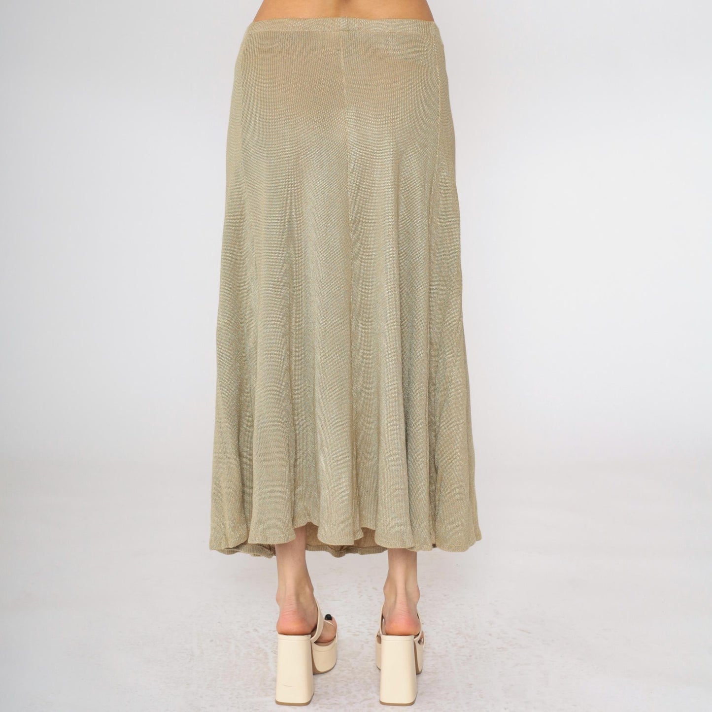 80s Tan Knit Midi Skirt High Waist Elastic Flared Small