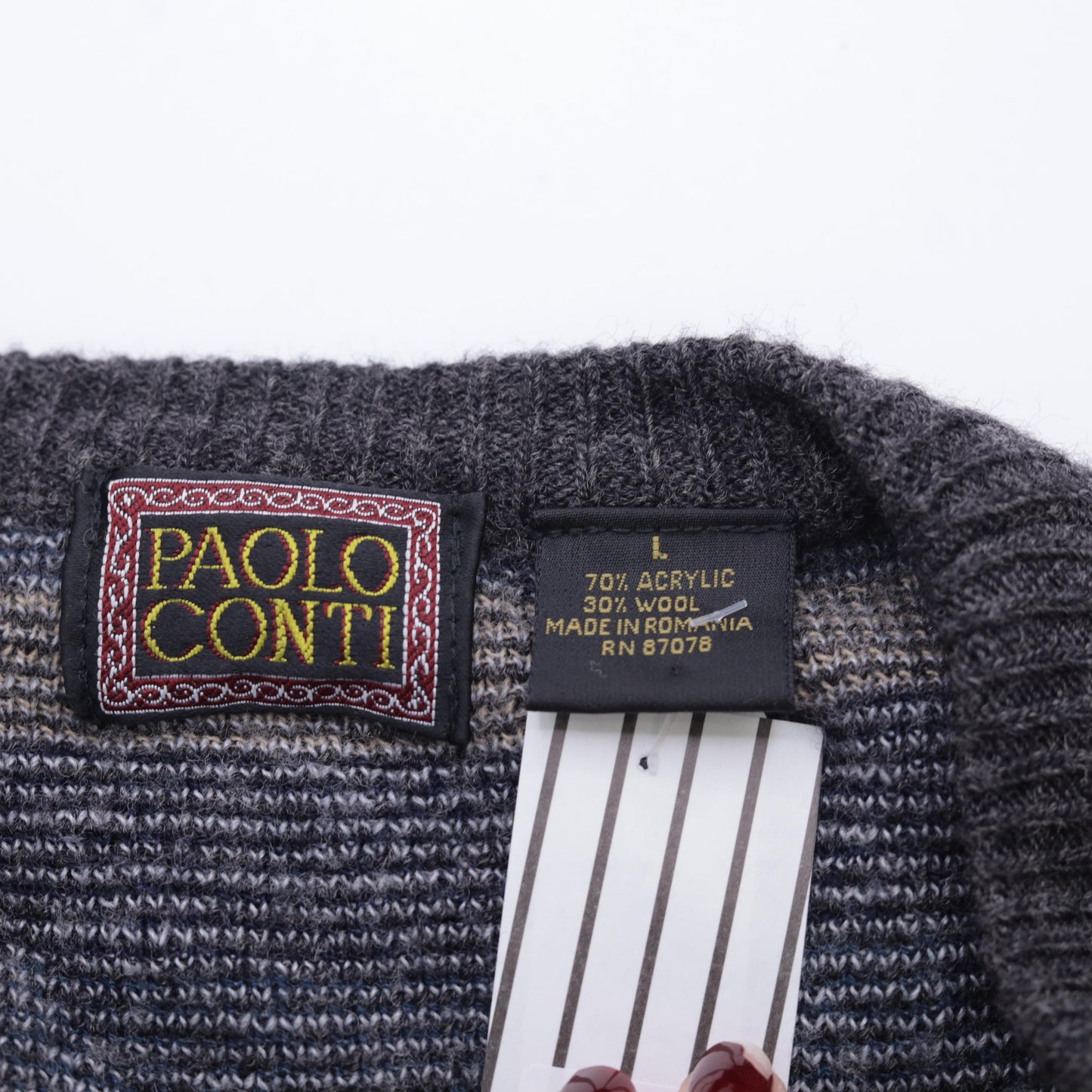 90s Paolo Conti Geometric Knit Vest Grey V-Neck Button Front Large