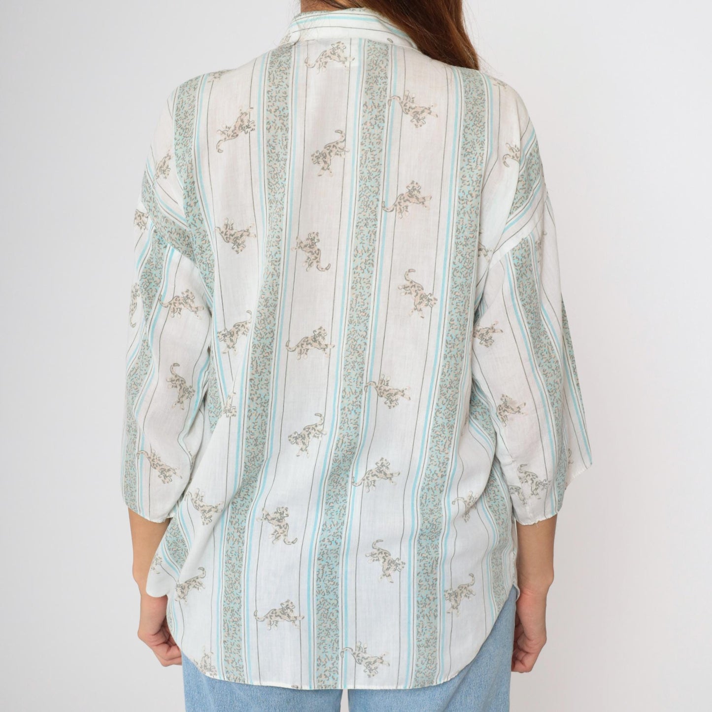 80s Leopard Striped Button-Up Blouse White Blue 3/4 Sleeve Large