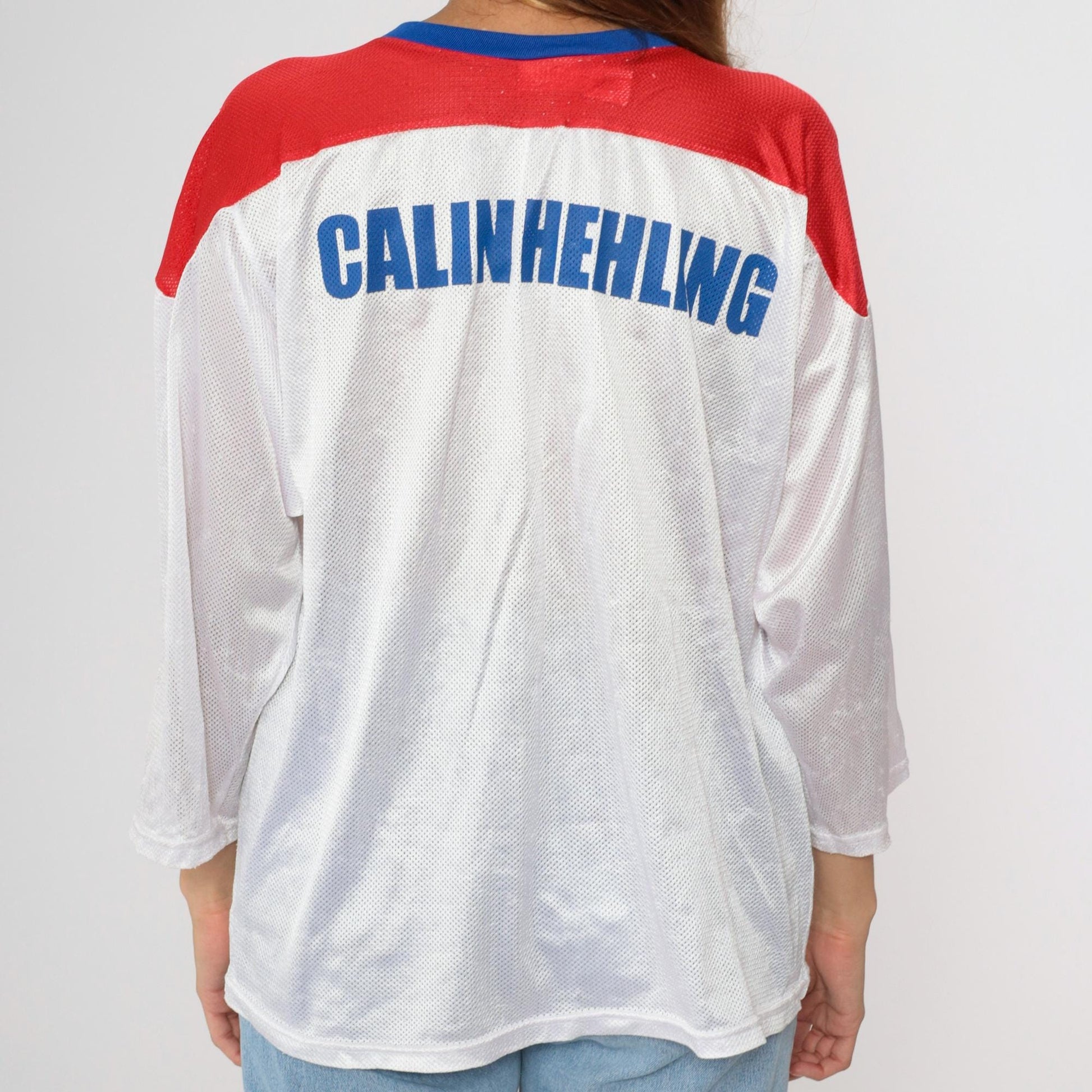 80s USA Mesh Hockey Jersey White Red Blue Block Lettering Medium
