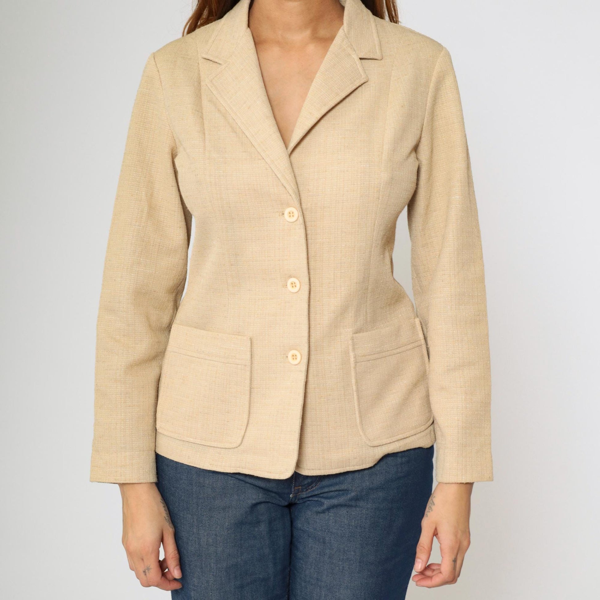 70s Beige Polyester Blazer Button-Up Jacket Deep V Neck Small