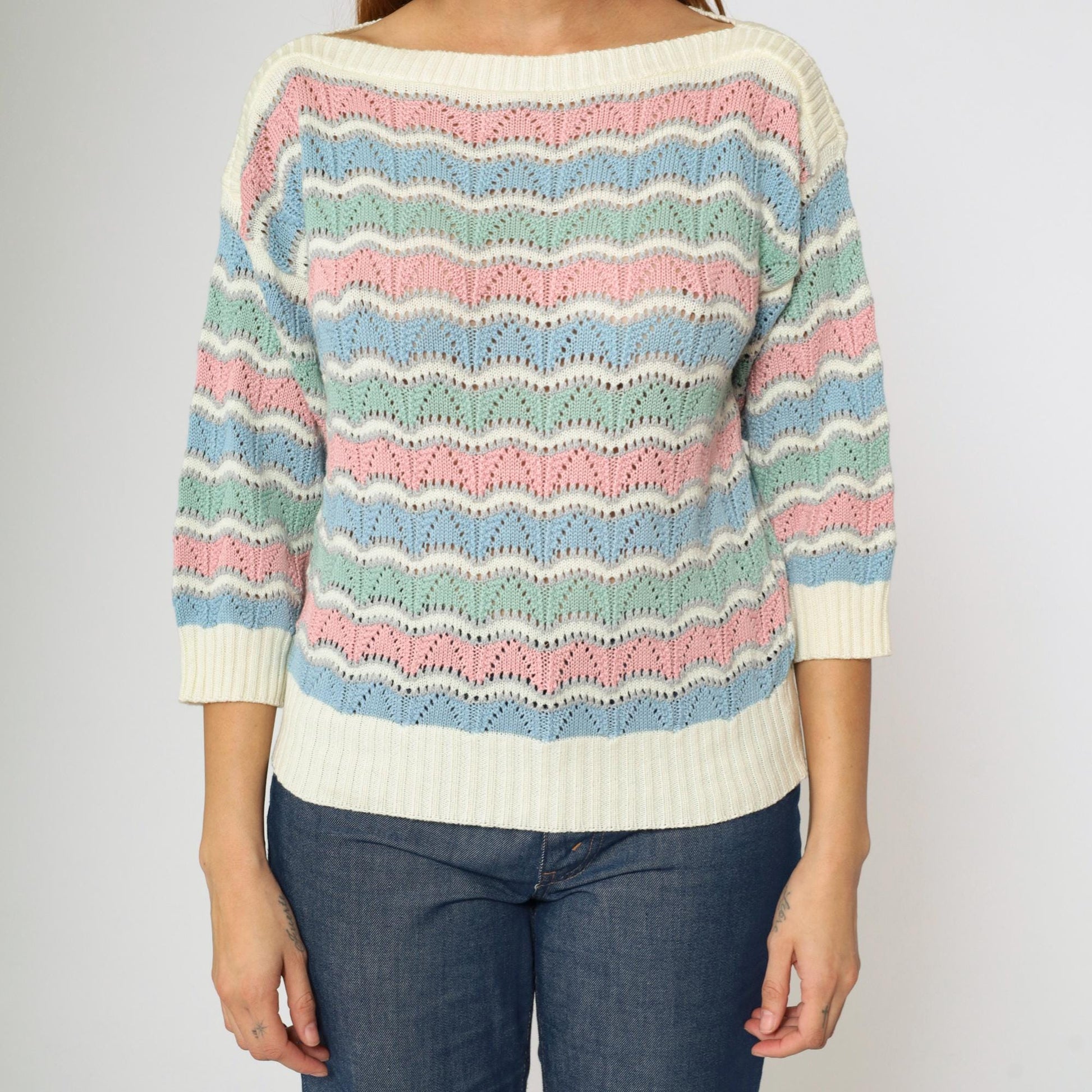 80s Bellocco Pastel Striped Pointelle Sweater Boatneck Knit Medium