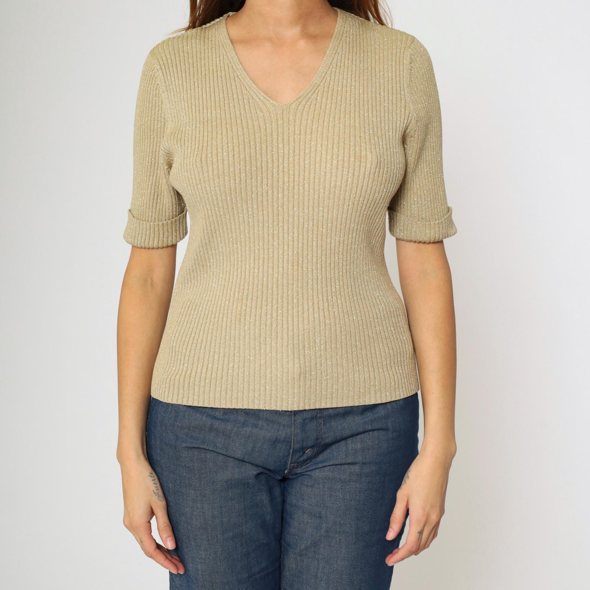 90s Kathie Lee Gold Sparkly Knit Top Short Sleeve V Neck Medium