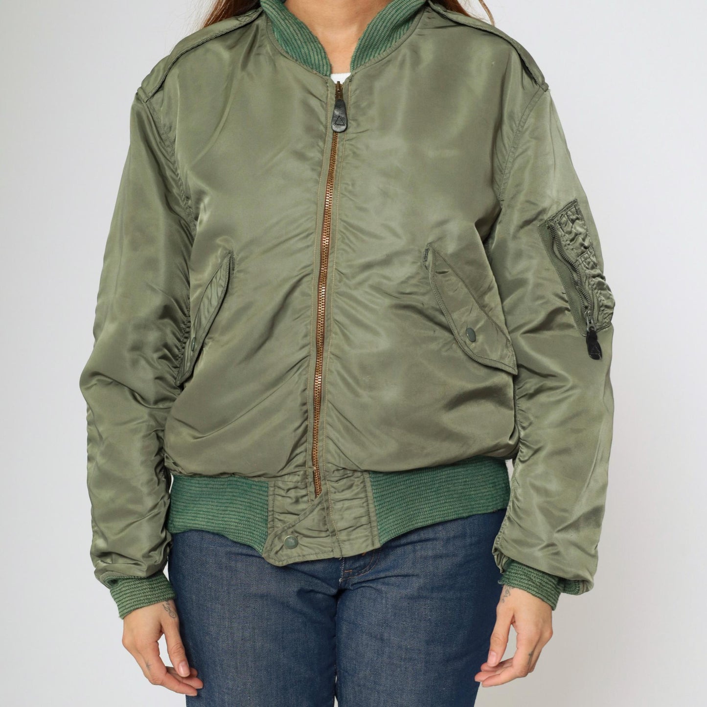 1960s USAF MA-1 Flight Jacket Alpha Industries Sage Green Orange Lined Large