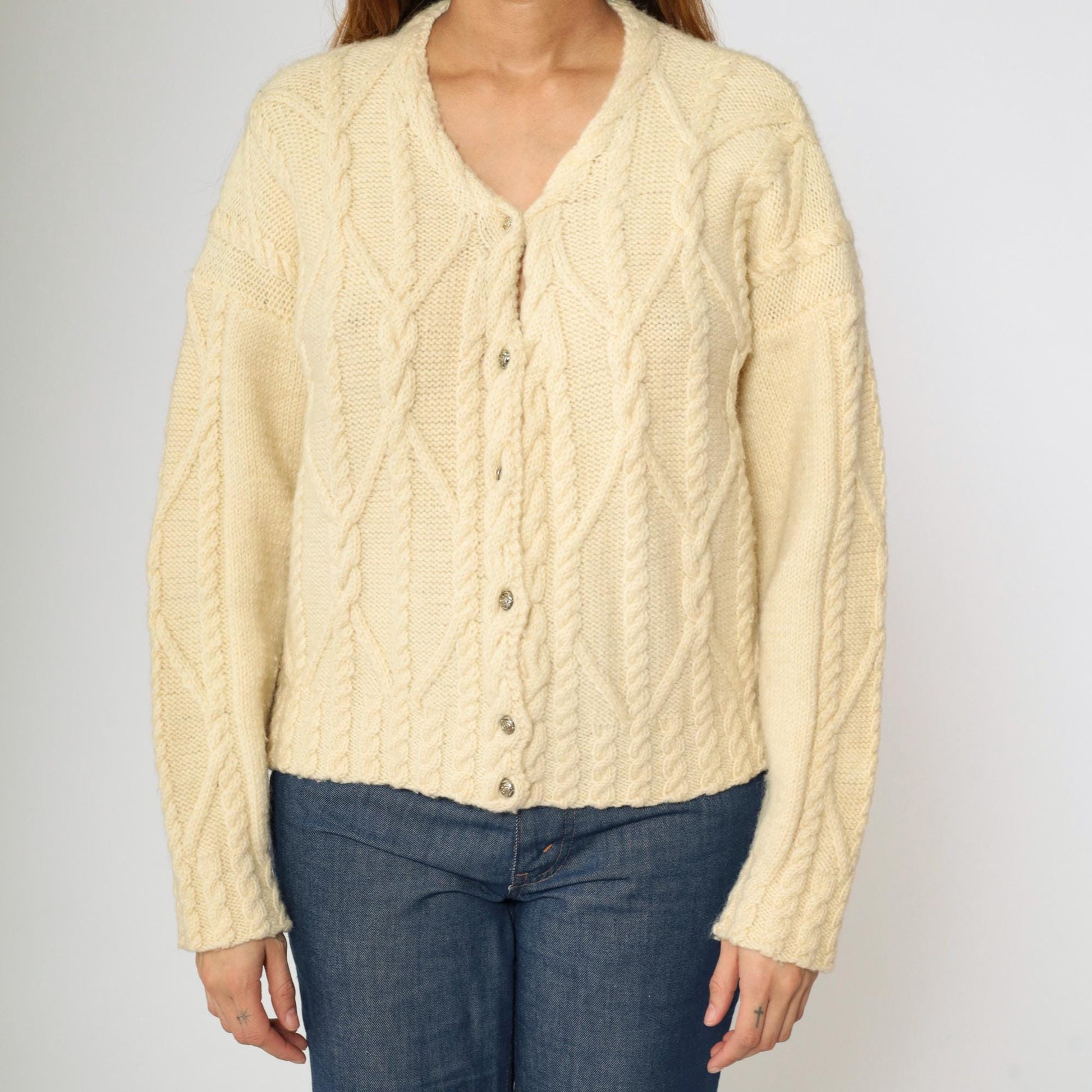 80s Gusto Wool Cable Knit Cardigan Cream Button-Up V-Neck Small