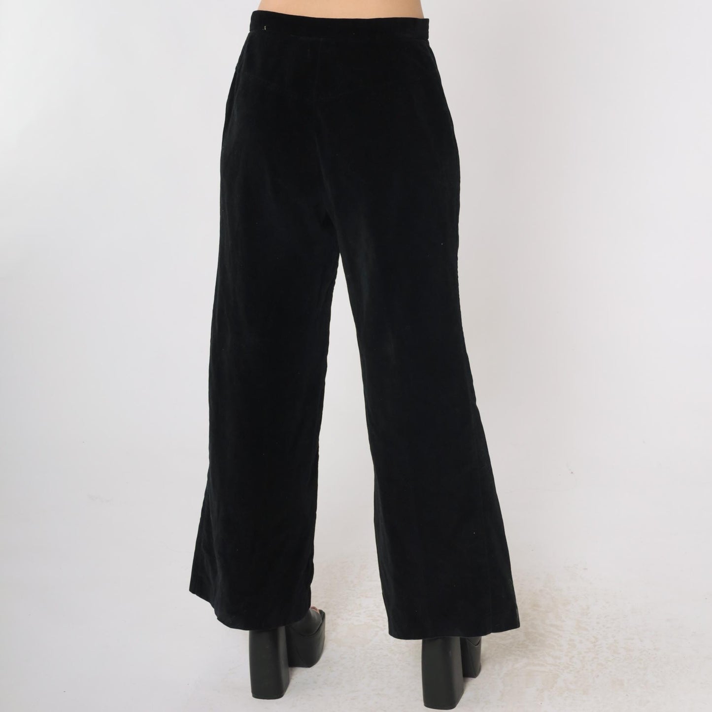 70s Black Velvet Bell Bottom Pants High Rise Wide Leg Small
