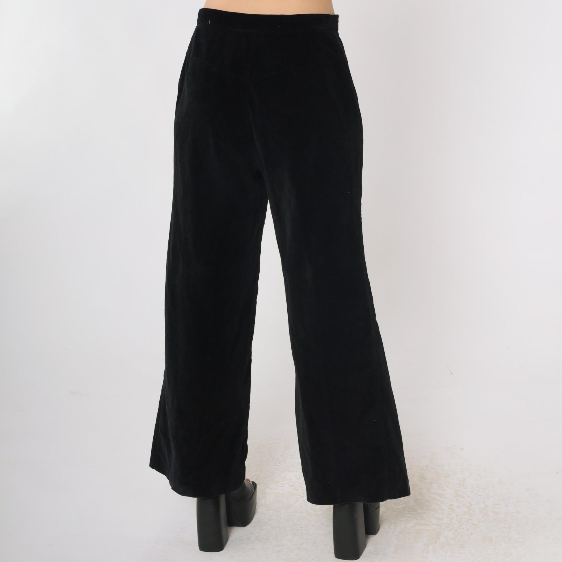 70s Black Velvet Bell Bottom Pants High Rise Wide Leg Small