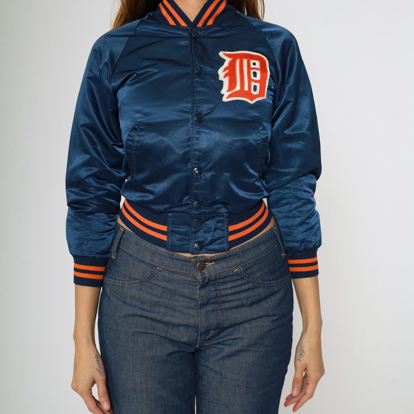 80s Detroit Tigers Satin Bomber Jacket Navy Blue Snap Front Kid's 12