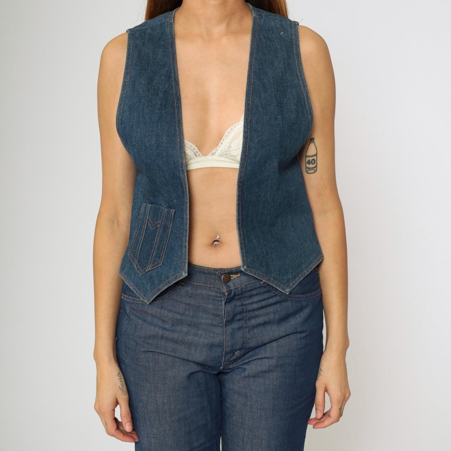 90s Koret City Blues Denim Vest Hand Painted Western Cowgirl Boots Horseshoe Small S