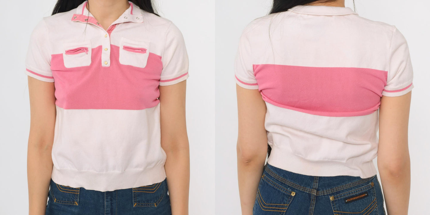 80s Jamie Sadock Striped Polo Shirt White Pink Snap Button Short Sleeve Extra Small