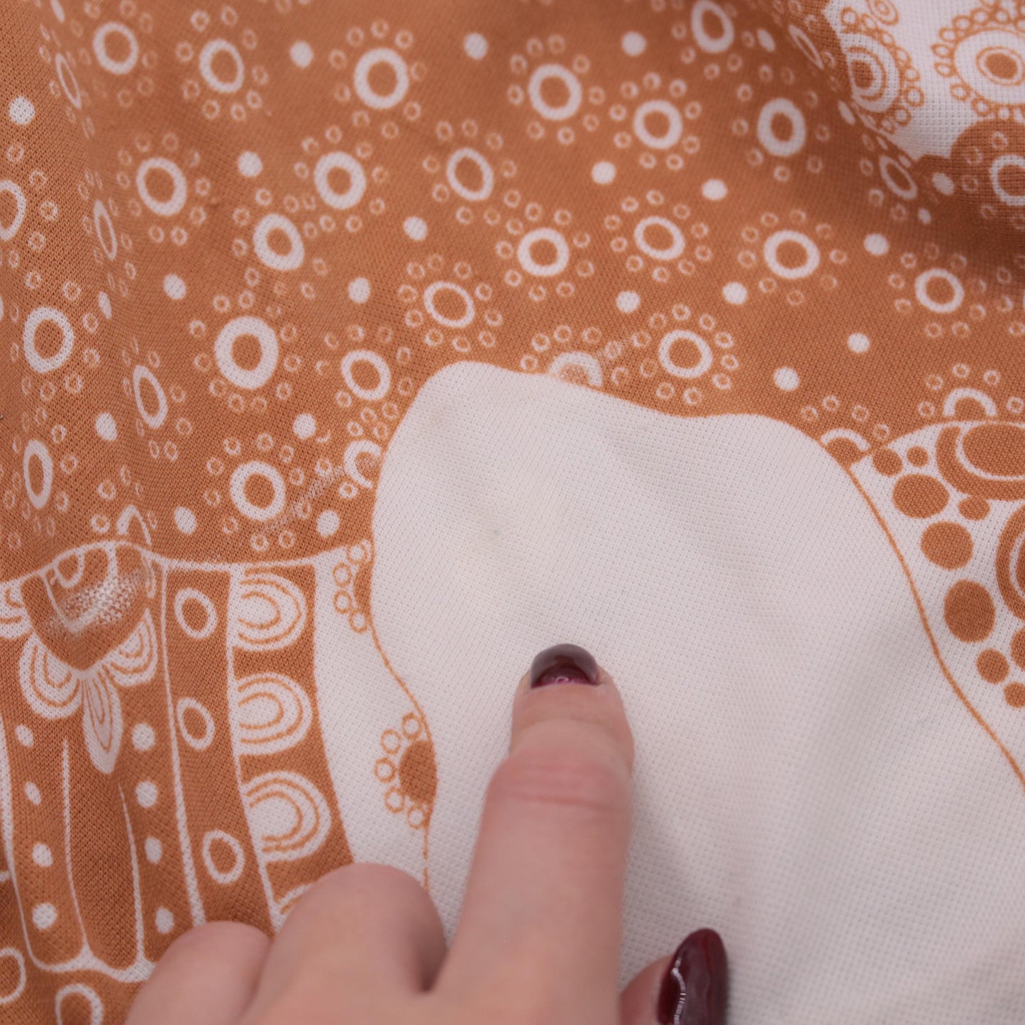 70s Elephant Mandarin Collar Shirt Beige Burnt Orange Print XS