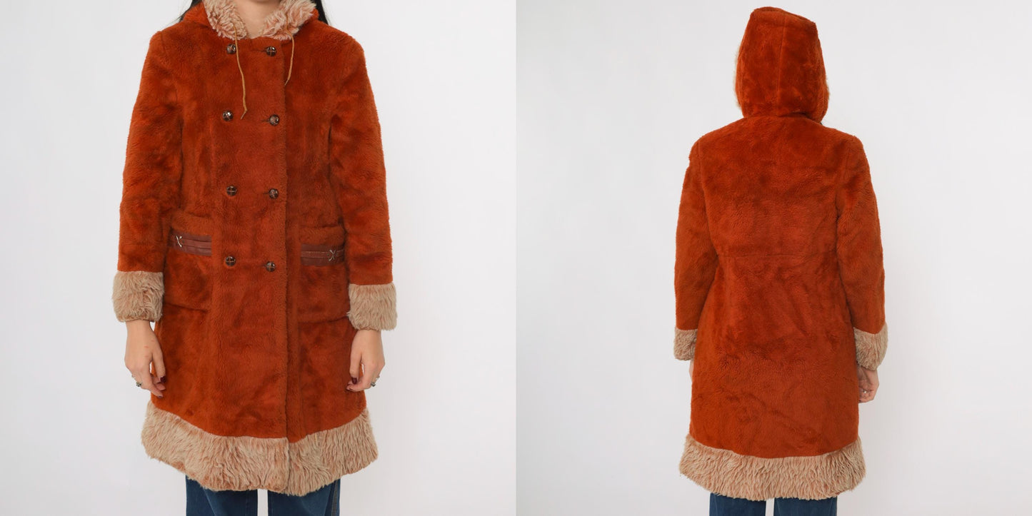70s Burnt Orange Faux Fur Hooded Jacket Double Breasted Extra Small