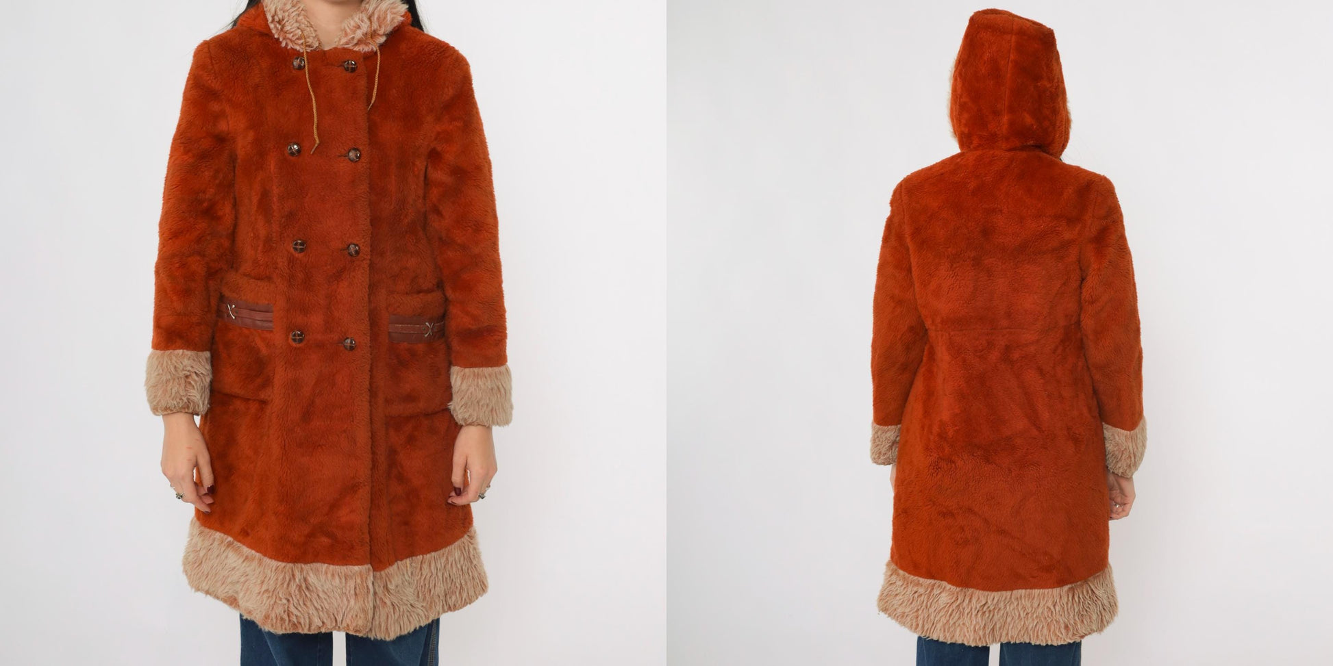 70s Burnt Orange Faux Fur Hooded Jacket Double Breasted Extra Small
