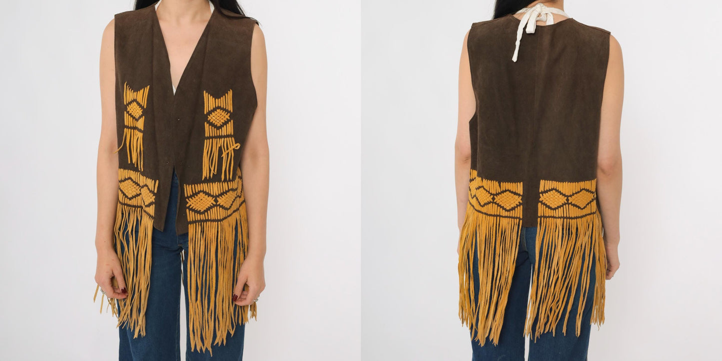 70s Brown Suede Fringe Vest Open Front Tie Sleeveless Medium M