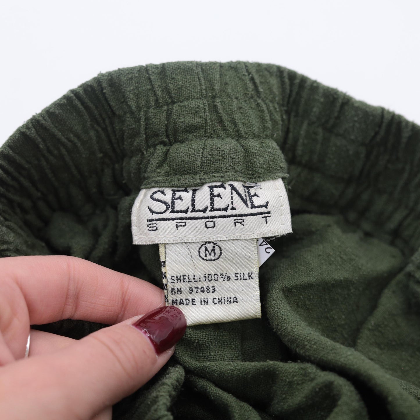 90s Selene Sport Olive Silk Tapered Pants Drawstring Elastic Waist Small S