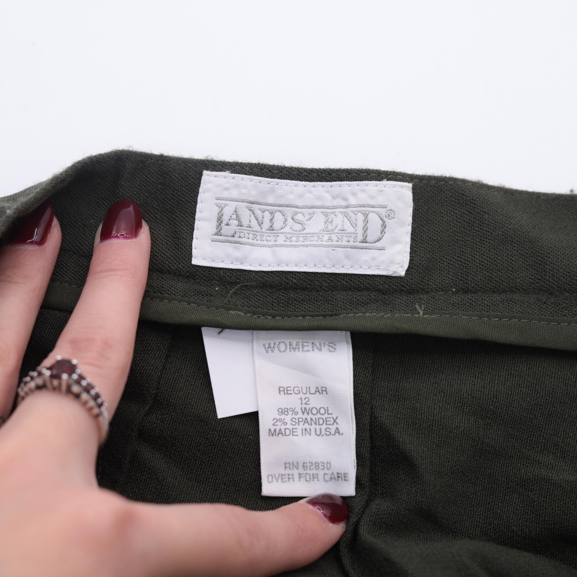 Y2K Lands End Wool Stirrup Trousers Olive Green Pleated High Waist Small 6