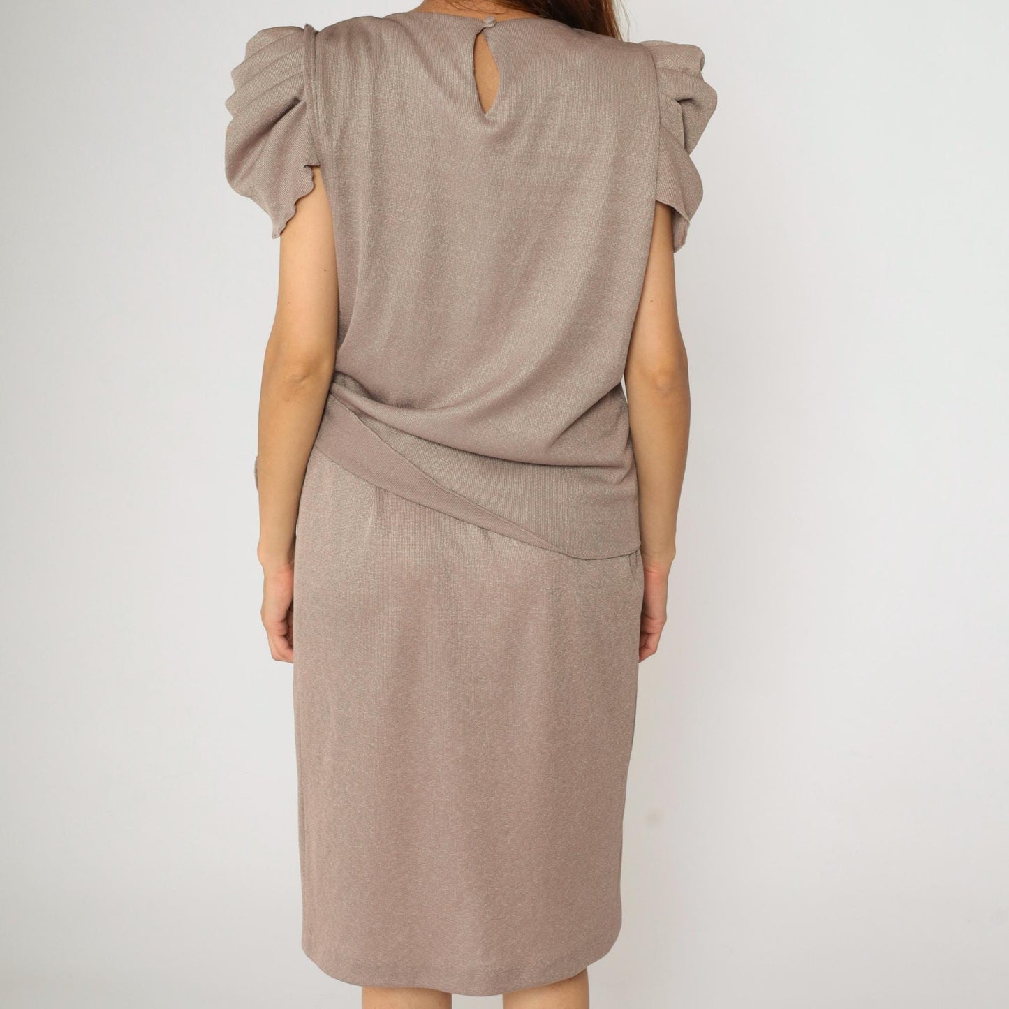 80s Taupe Puff Sleeve Midi Dress Metallic Knit Side Tie Waist Medium