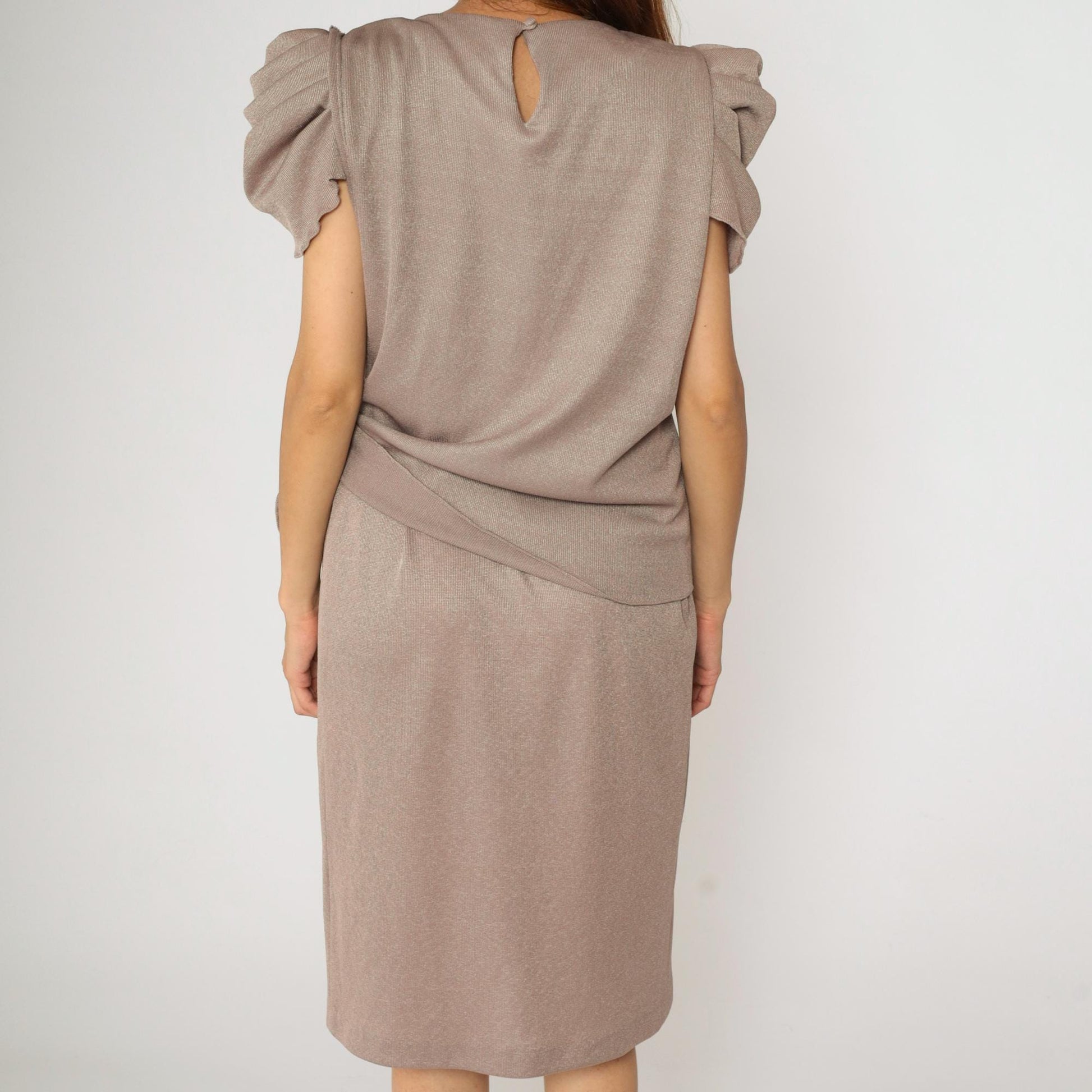 80s Taupe Puff Sleeve Midi Dress Metallic Knit Side Tie Waist Medium