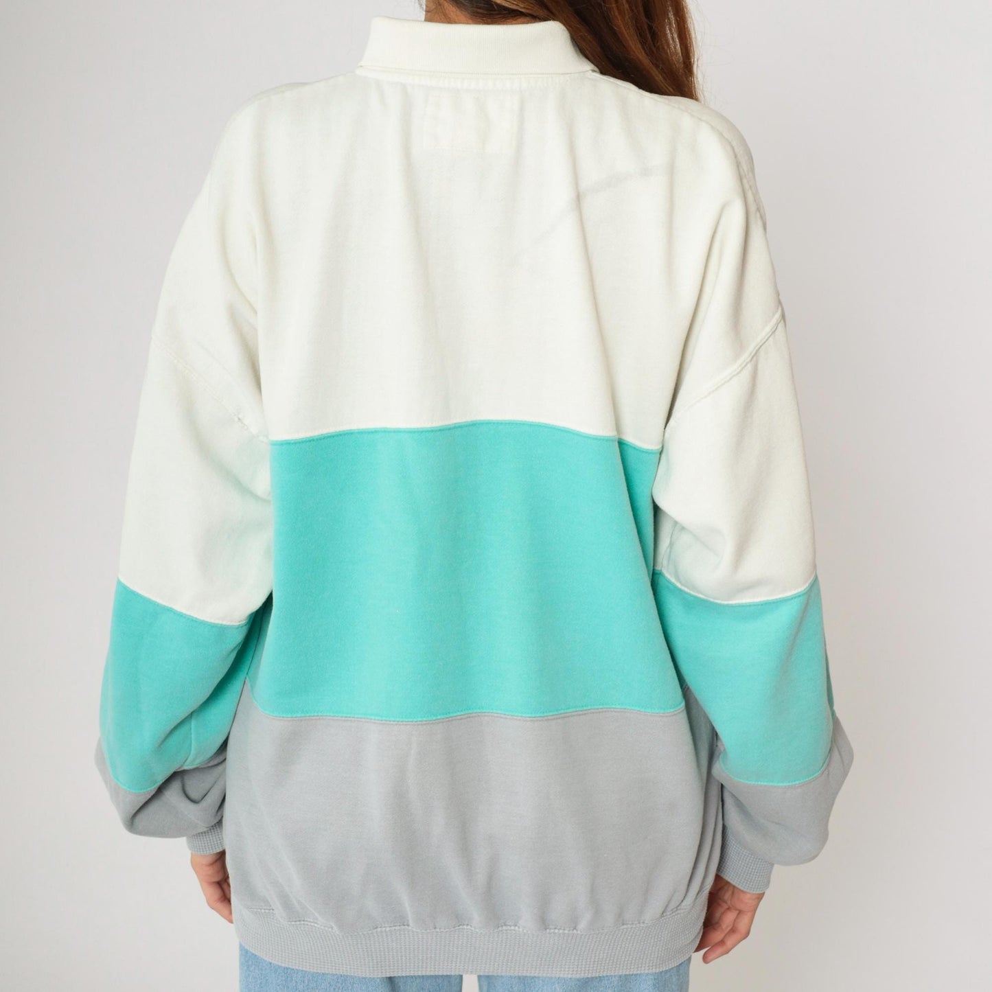 90s John Ashford Sport Colorblock Polo Sweatshirt Off-White Aqua Grey Large L