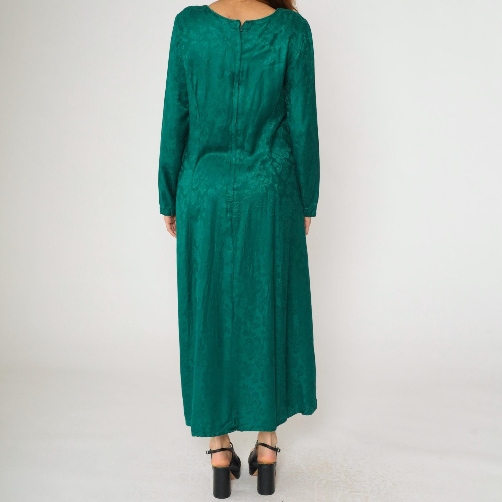 90s Sarah Elizabeth Green Floral Jacquard Maxi Dress Beaded Embroidered Medium 8