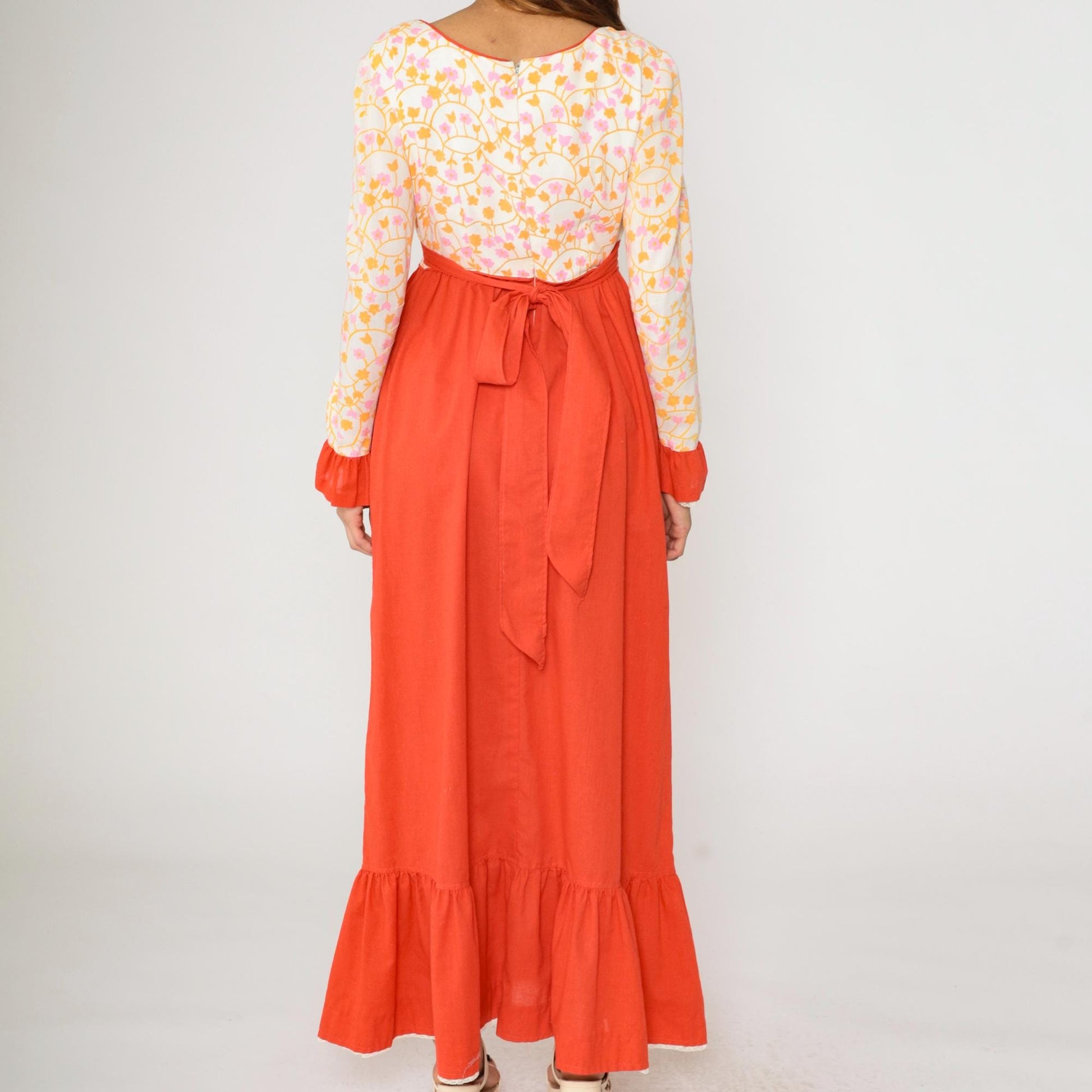 70s Floral Maxi Dress Puff Sleeve High Waist Orange White Prairie Medium