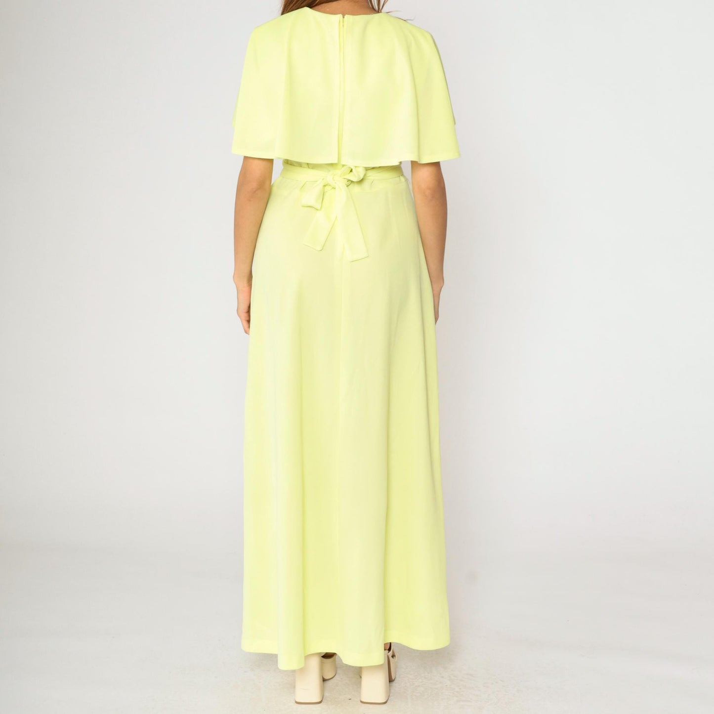 70s Yellow Maxi Dress Capelet Ruffle V-Neck Belted Pearl Buckle Large L