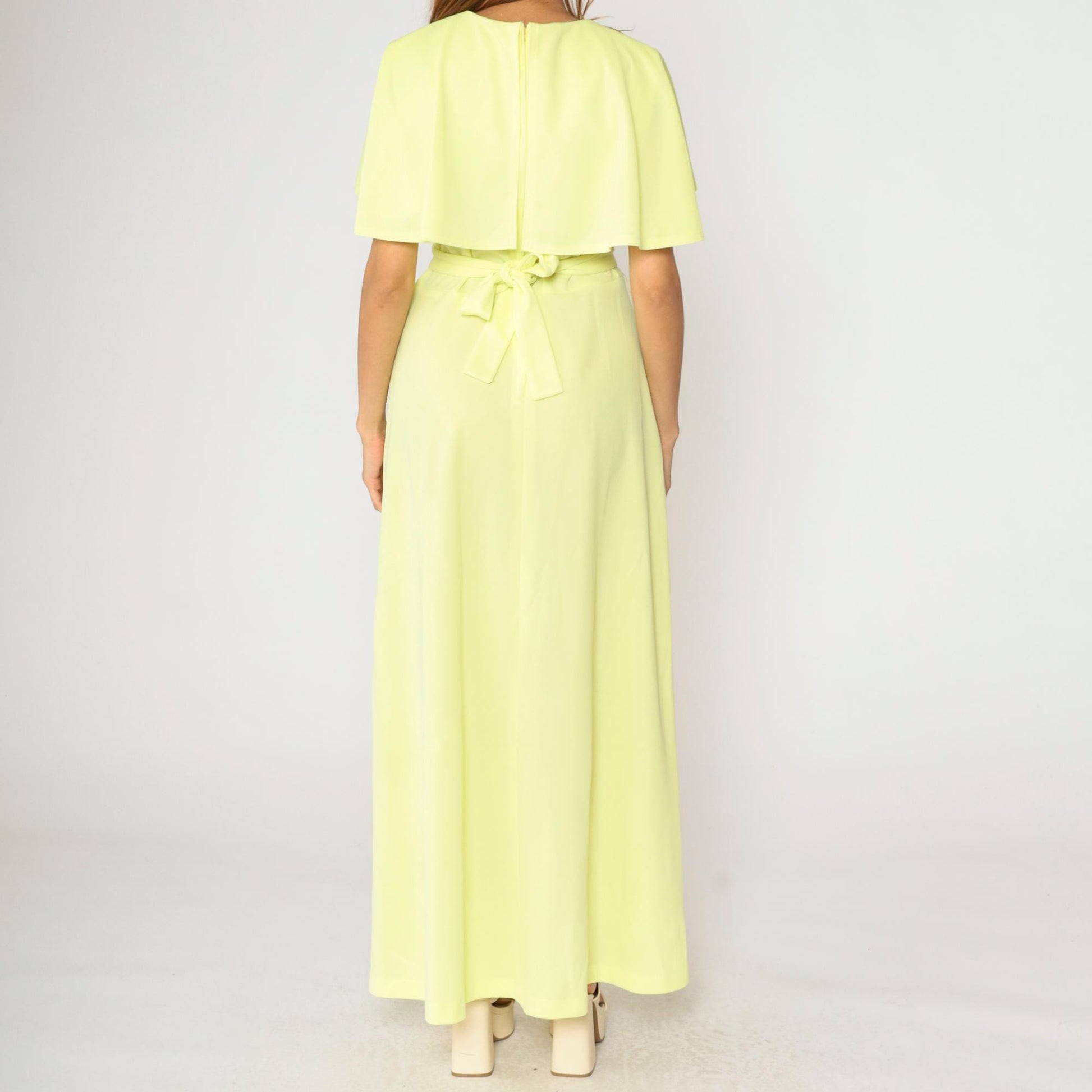 70s Yellow Maxi Dress Capelet Ruffle V-Neck Belted Pearl Buckle Large L